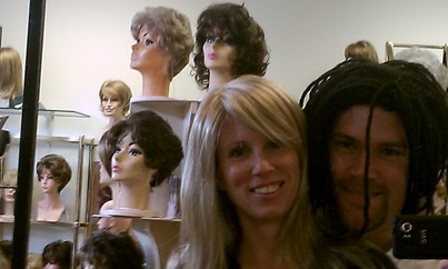Trying on wigs
